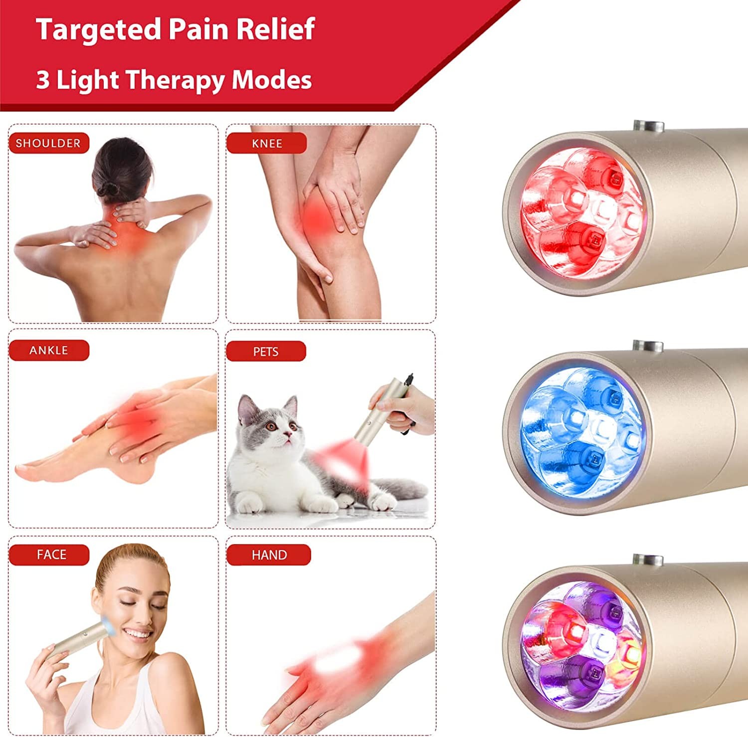 15W LED Blue Red Infrared Light Therapy Torch for Pain Relief on Body, Mouth, Nose and Ear