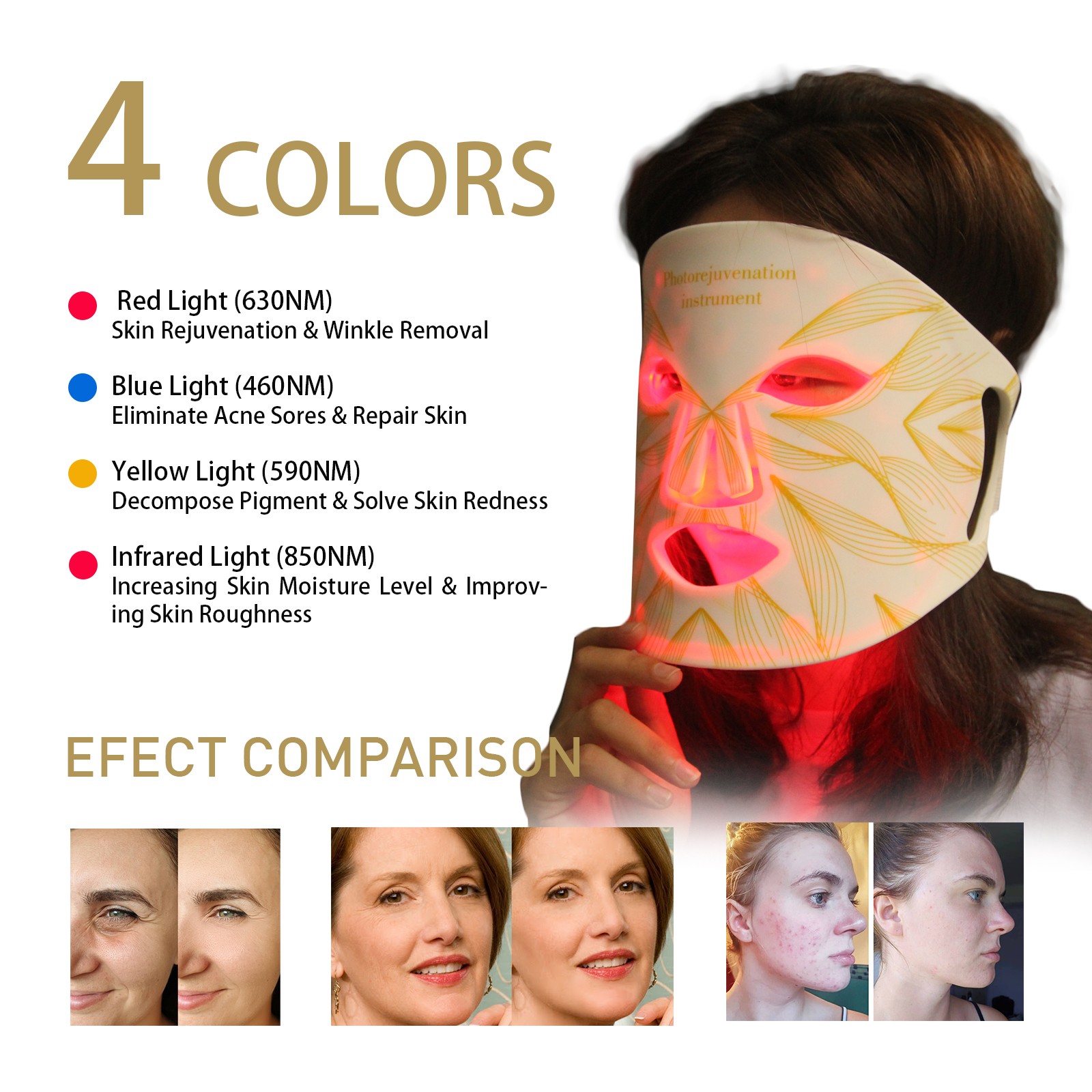 4 Colors Flexible Silicone Beauty LED Light Therapy Mask With Infrared Light